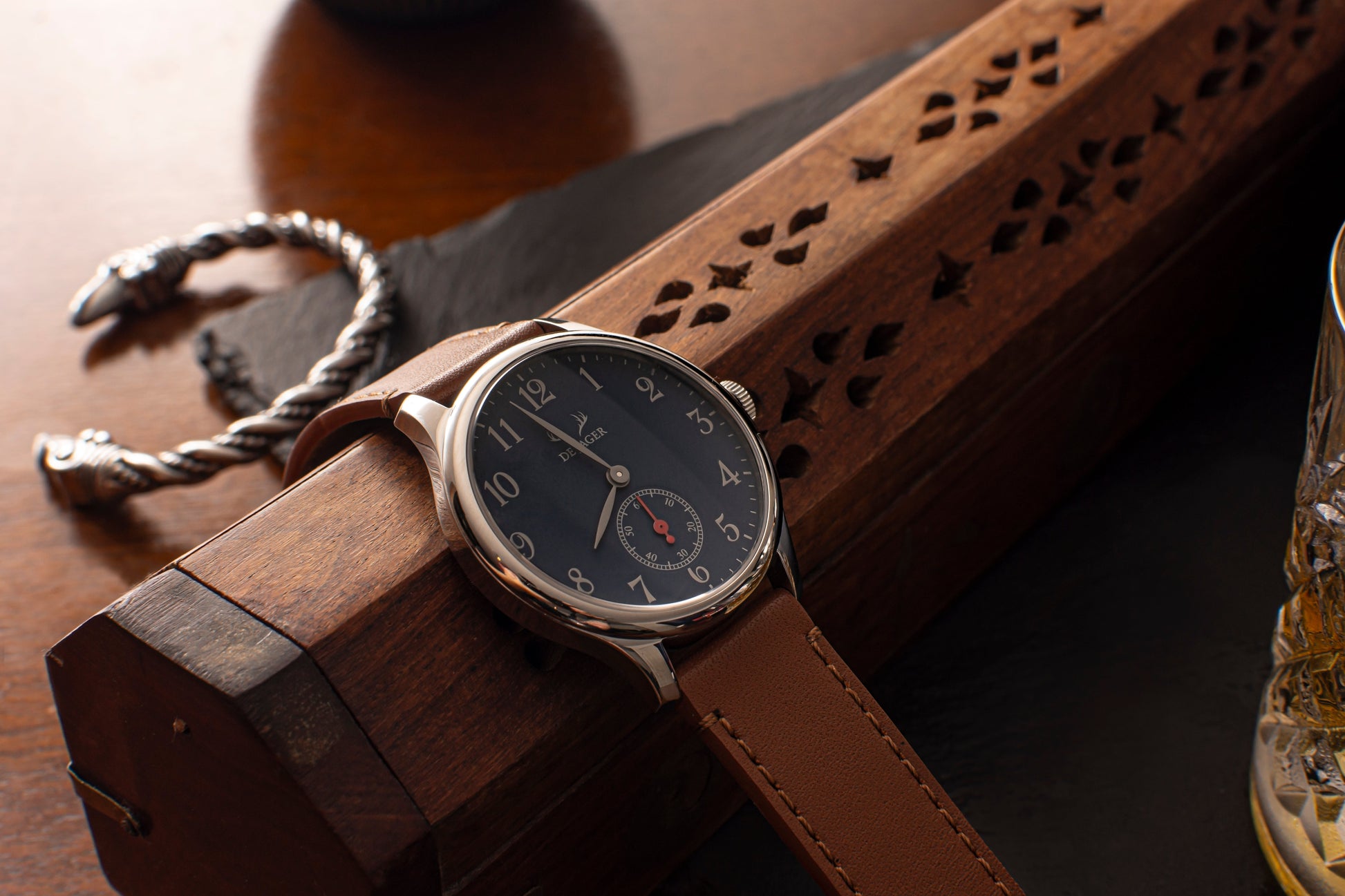 DeJager Explorer watch with stainless steel casing and leather strap