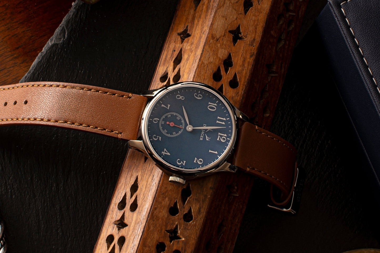DeJager Explorer watch with stainless steel casing and leather strap