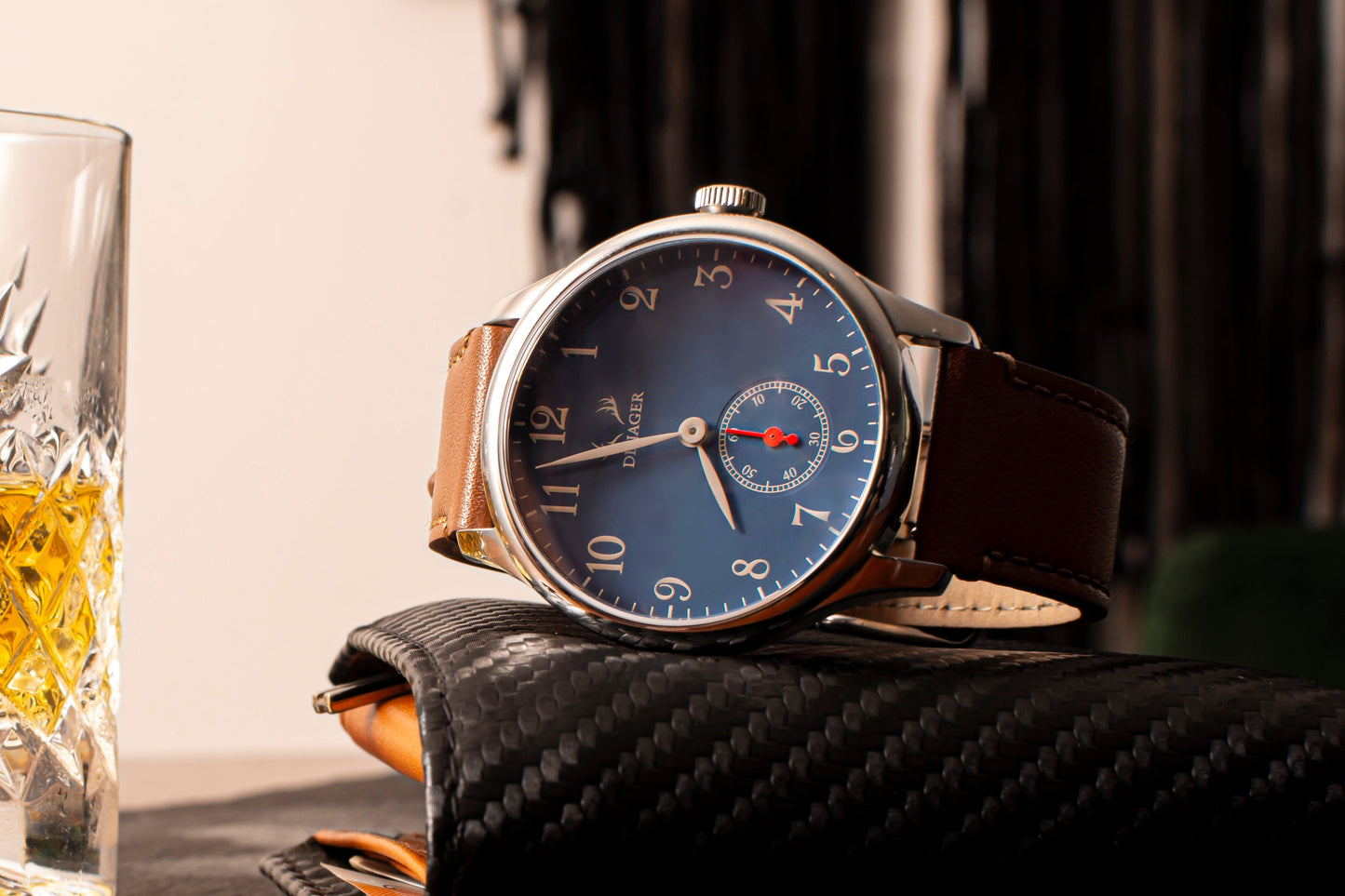 DeJager Explorer watch with stainless steel casing and leather strap