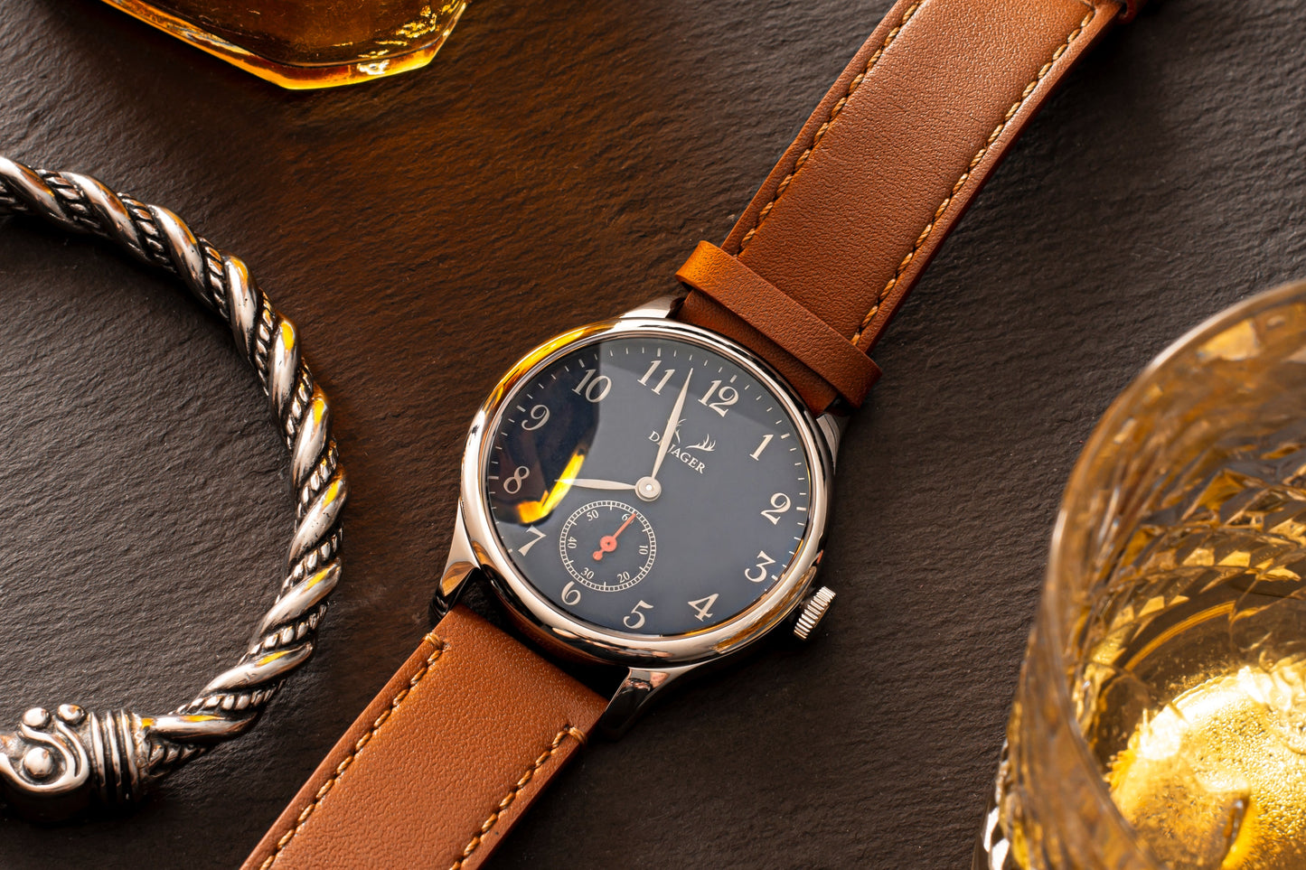 DeJager Explorer watch with stainless steel casing and leather strap