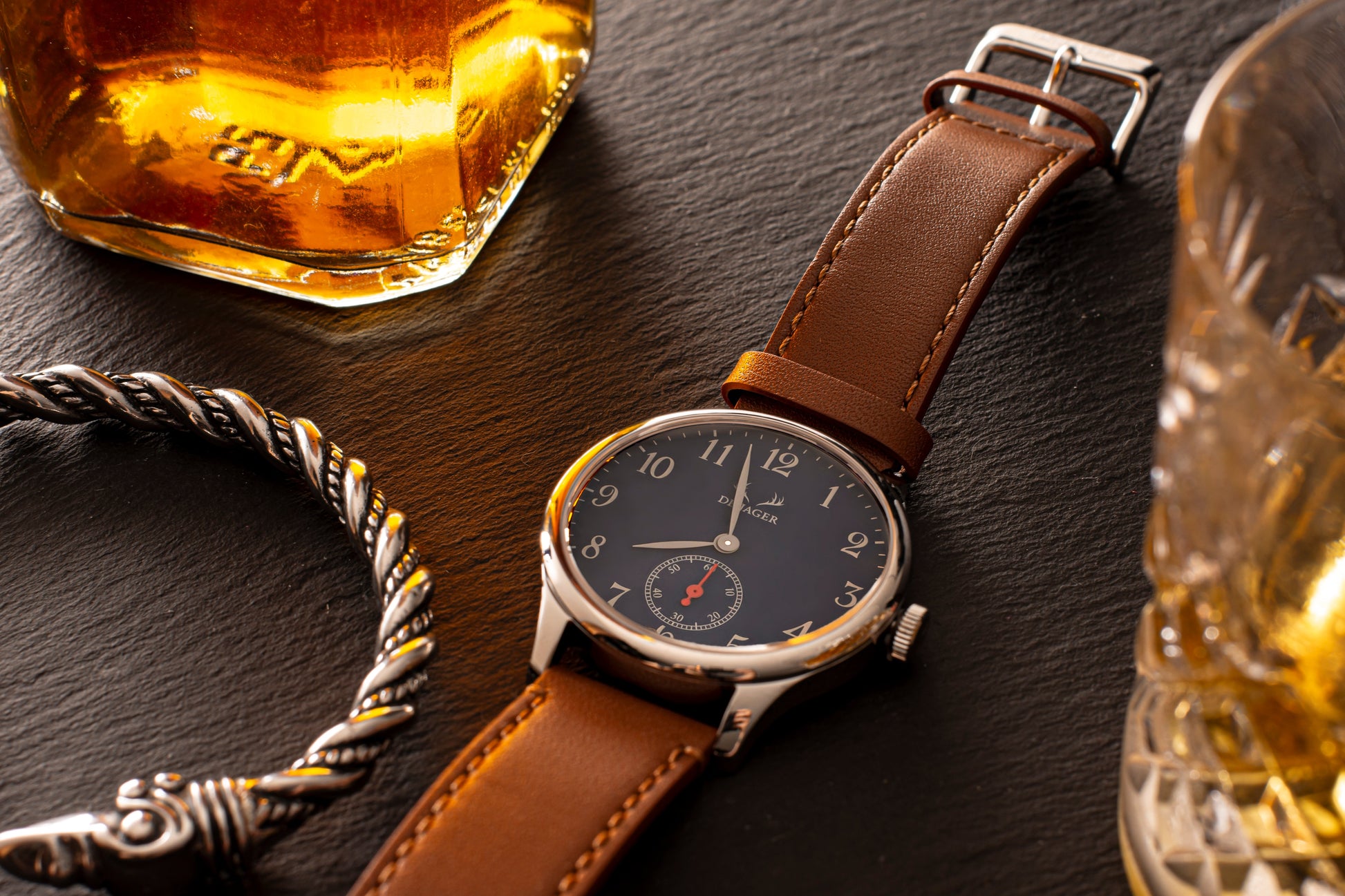 DeJager Explorer watch with stainless steel casing and leather strap